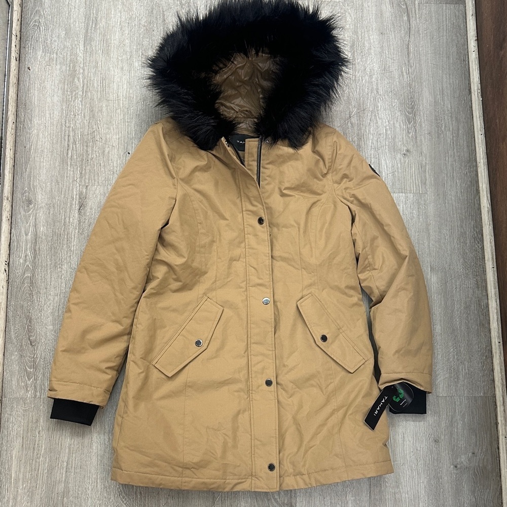 Tahari Women's Camel Puffer Coat with Black Faux Fur Hood
